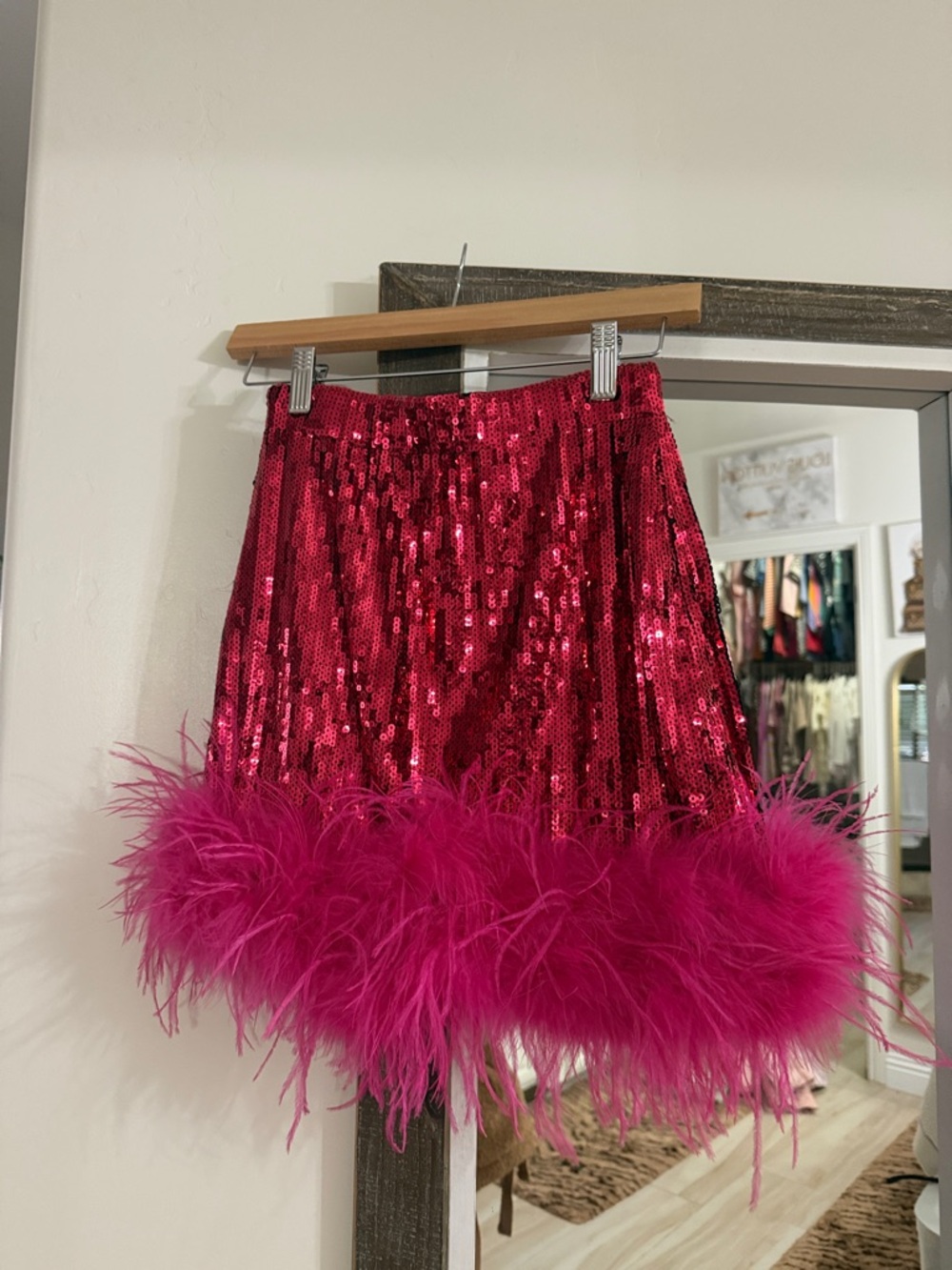 Judith March Fuchsia Sequin Mini Skirt with Feather Trim